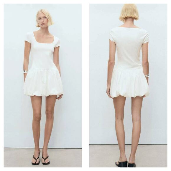 Mango White Bubble Hem Mini Dress Size Small Square Neck Stretch - Picture 1 of 14